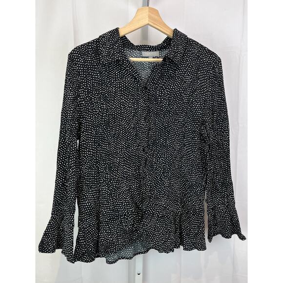 Habitat Tops - HABITAT Size S Polka Dot Button Up Long Sleeve Top Tiered Ruffle Hem Black White